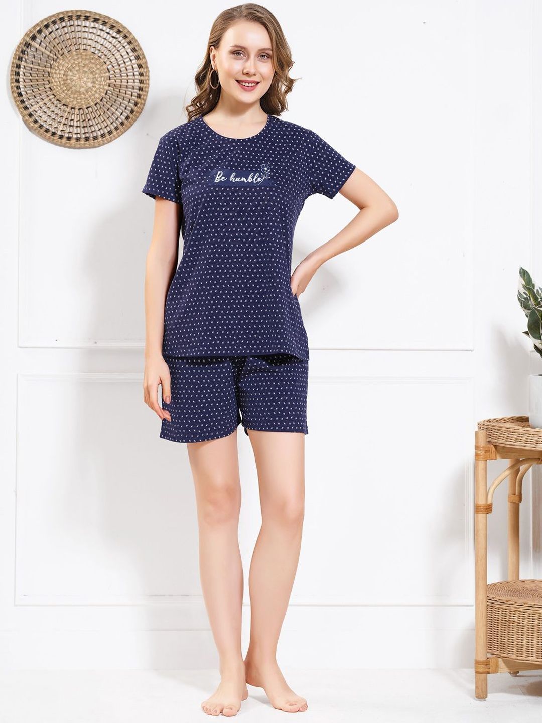 QUIRA Women Printed Pure Cotton Top & Shorts Night suit