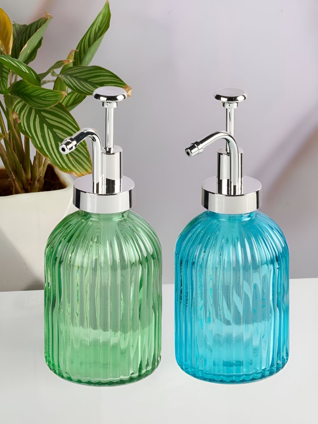 Kookee Green & Blue 2 Pieces Abstract Glass Soap Dispensers