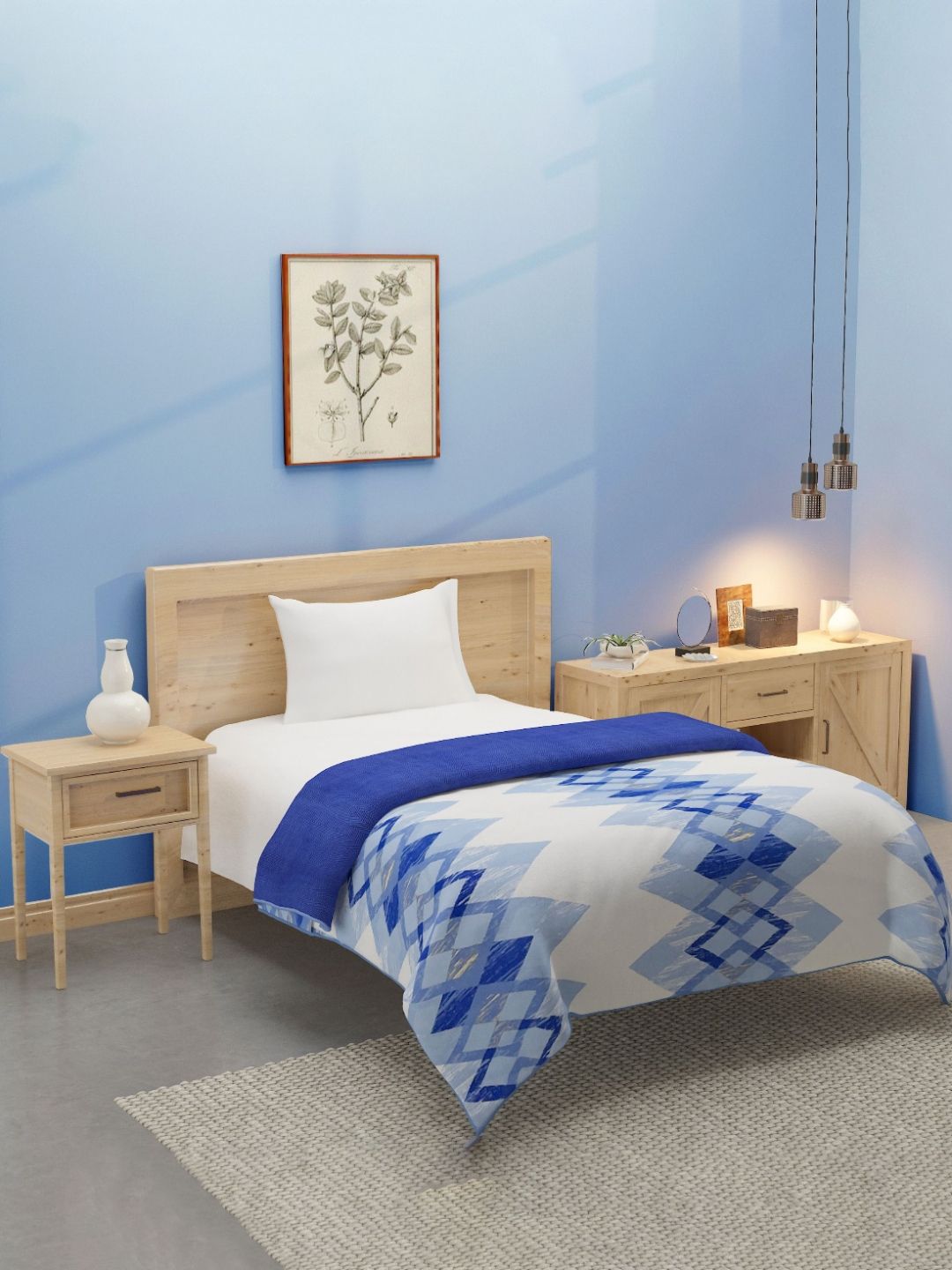 SWAYAM Blue & White Geometric Printed Cotton AC Room 120 GSM Dohar