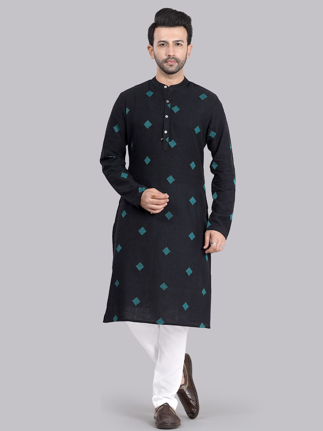 Saffron Threads Geometric Woven Design Band Collar Pure Cotton Straight Kurta