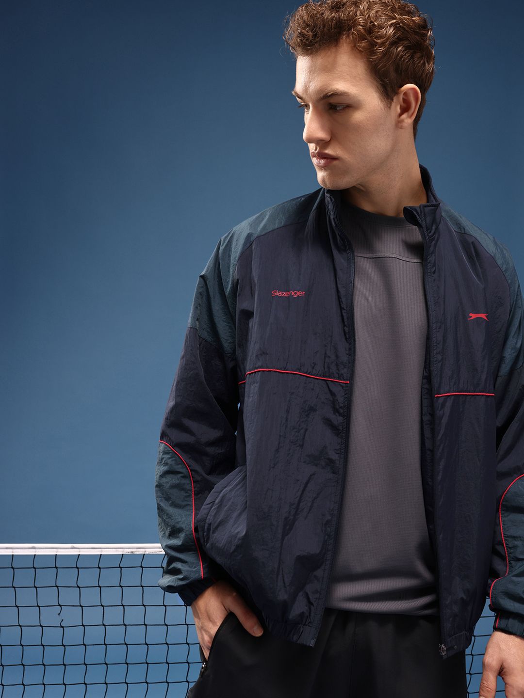 Slazenger Mock Collar Sporty Oversized Jacket With Piping Detail