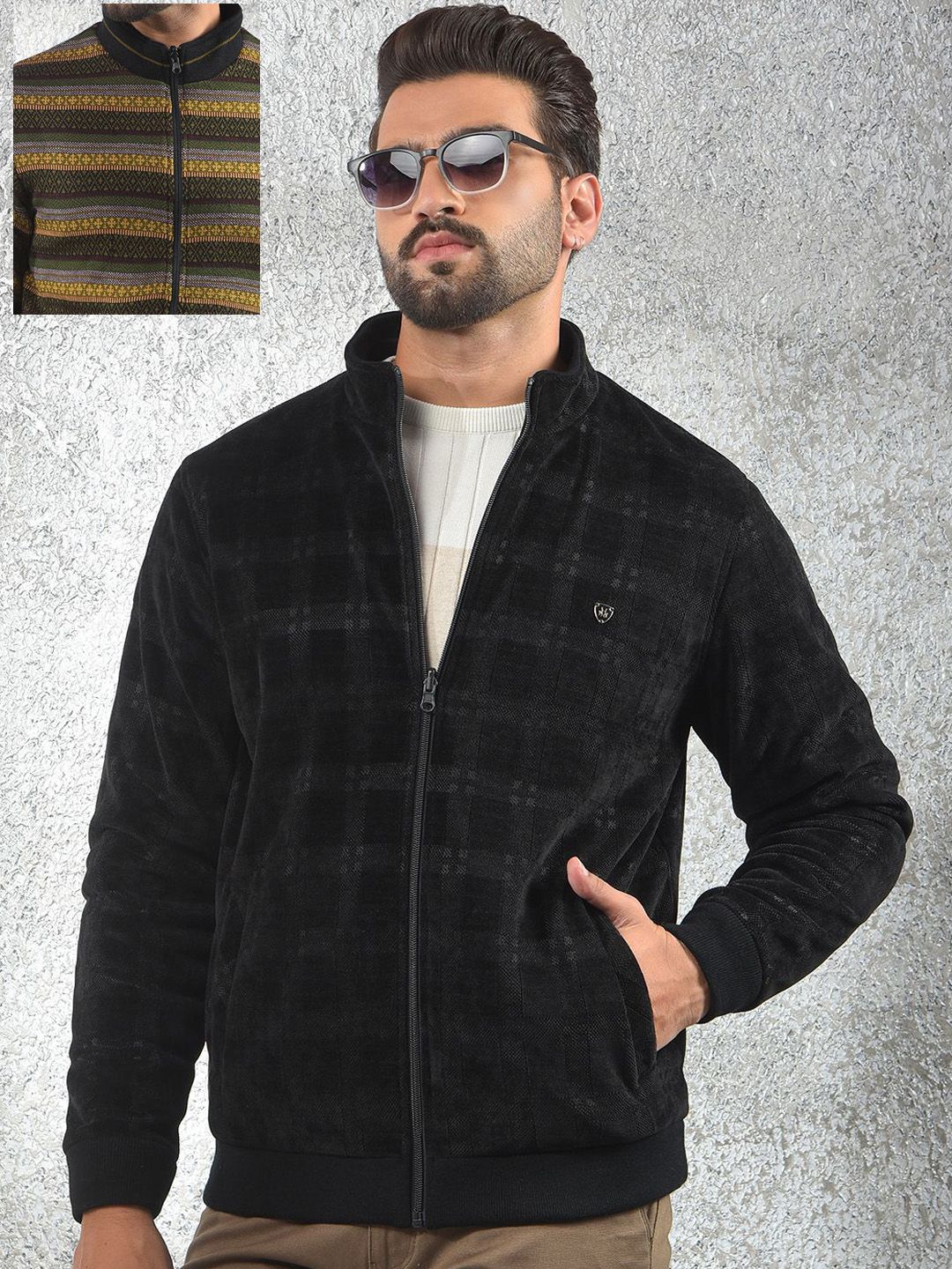 Crimsoune Club Men Mock Collar Checked Reversible Bomber Jacket