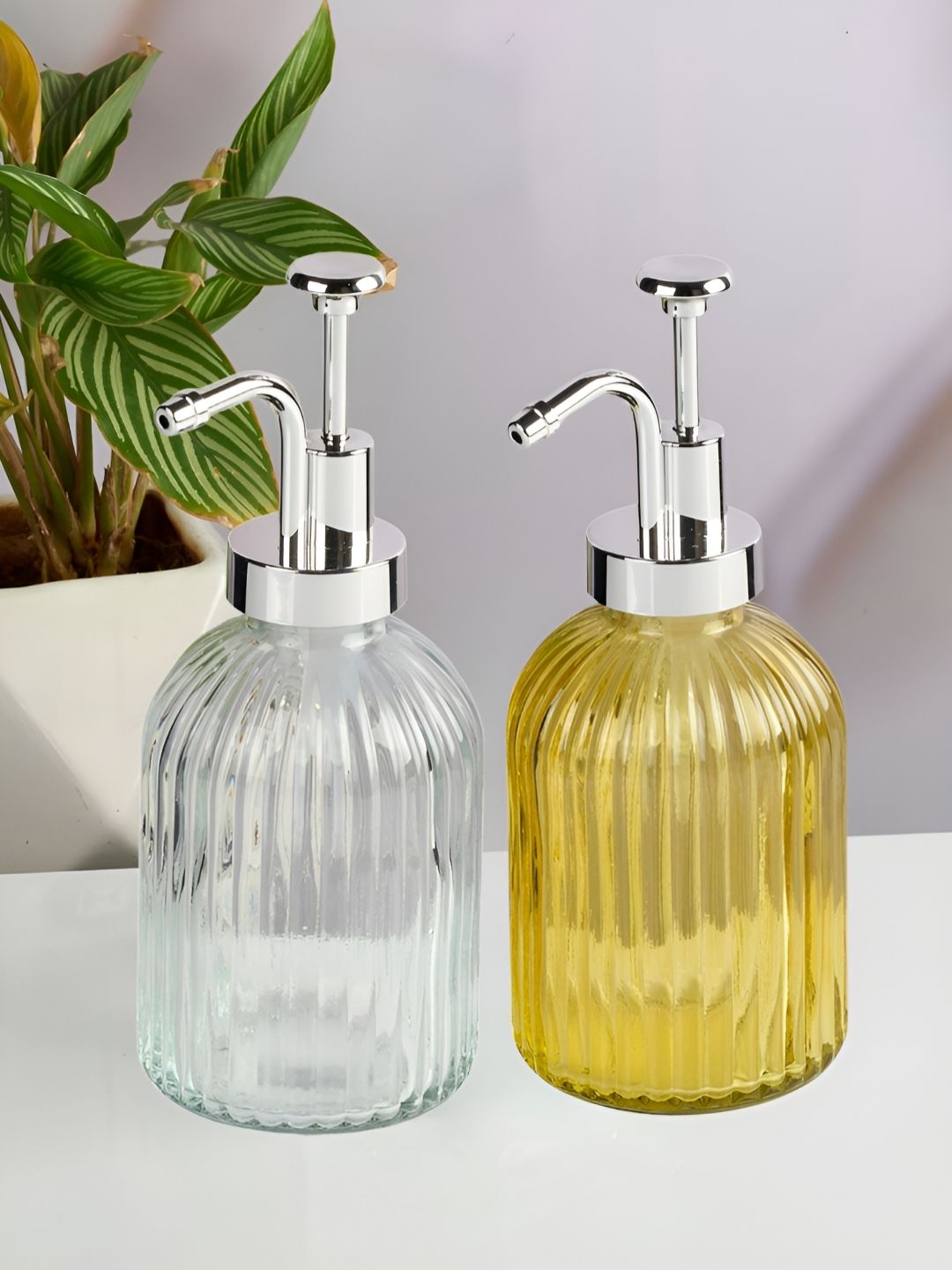 Kookee Transparent And Yellow 2 Pieces Abstract Glass Soap Dispenser
