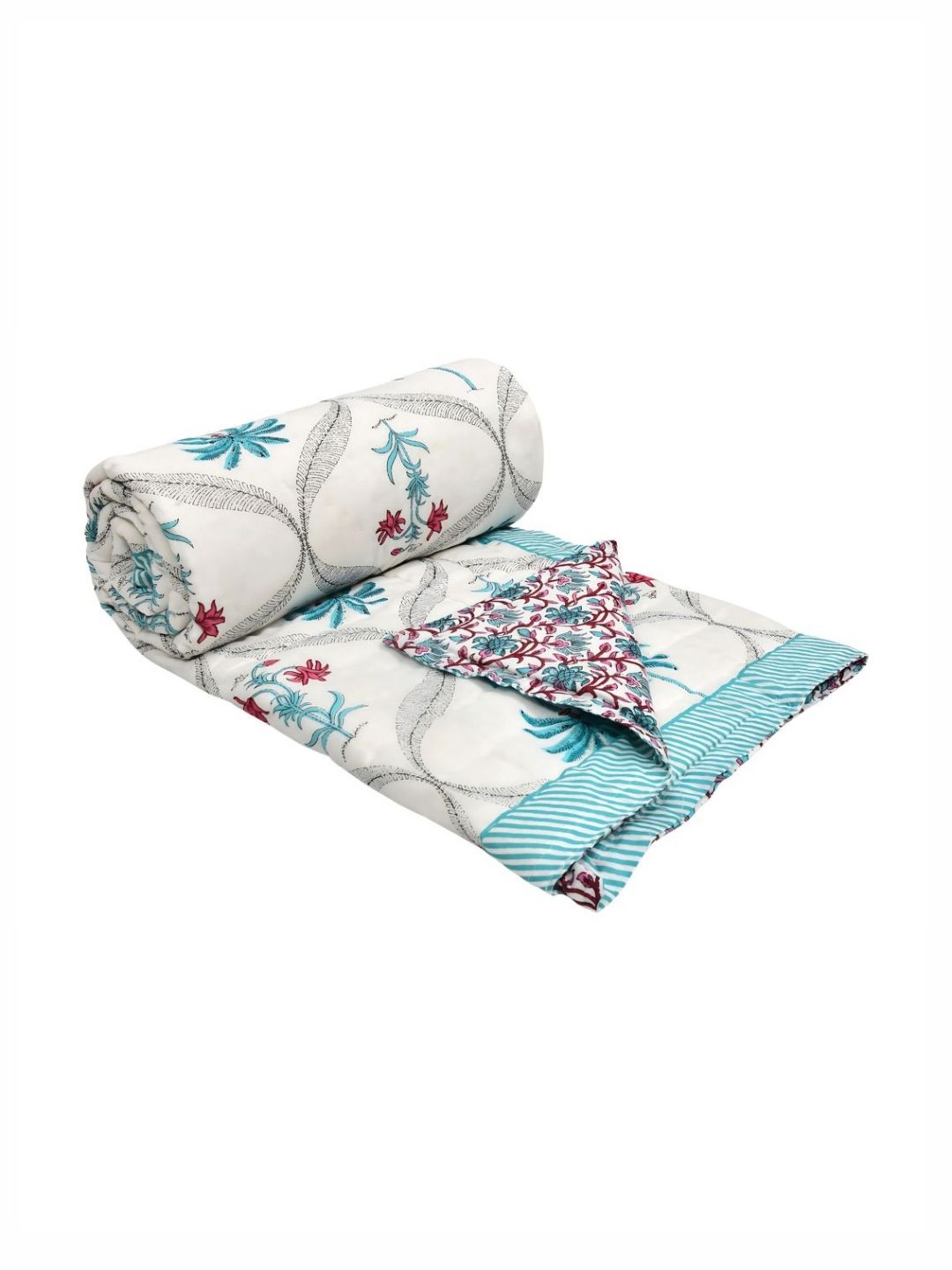BLOCKS OF INDIA Turquoise Blue & White Floral Printed AC Room 350 GSM Quilt