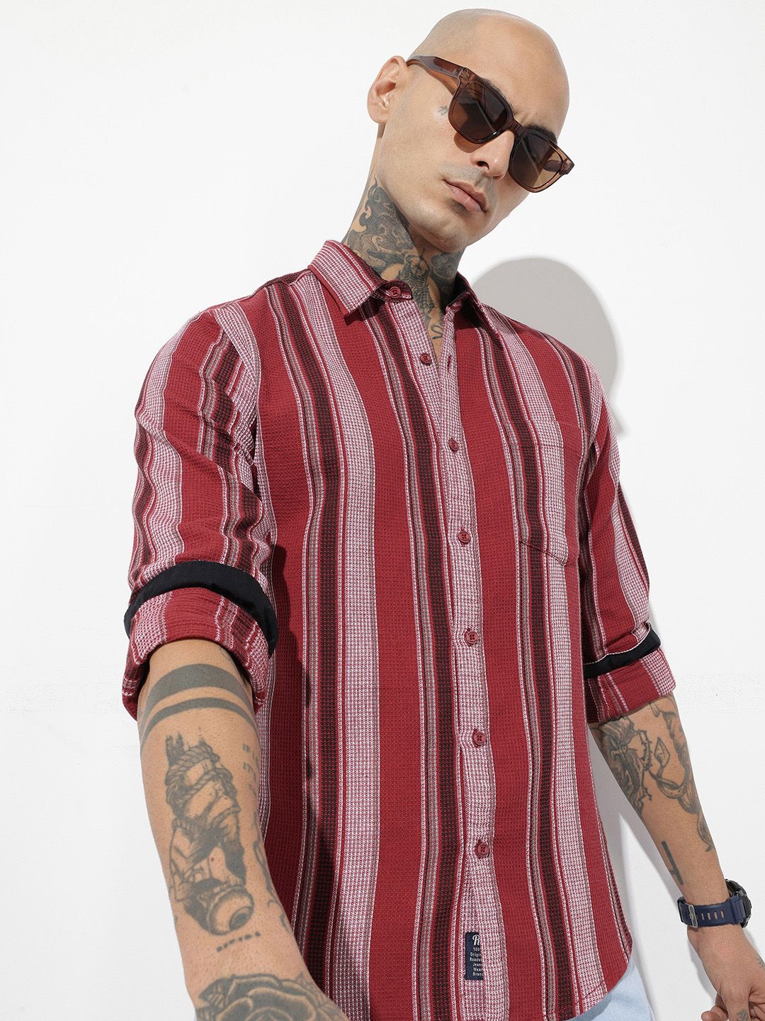The Roadster Life Co. Pure Cotton Vertical Striped Waffle Weave Casual Shirt