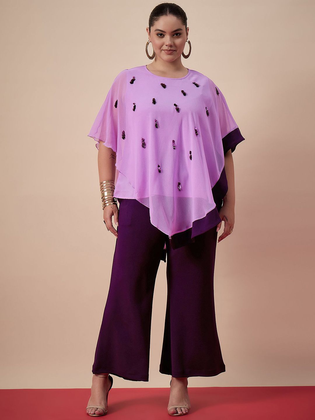 Antheaa Curve  Round Neck Embellished Top With Trousers