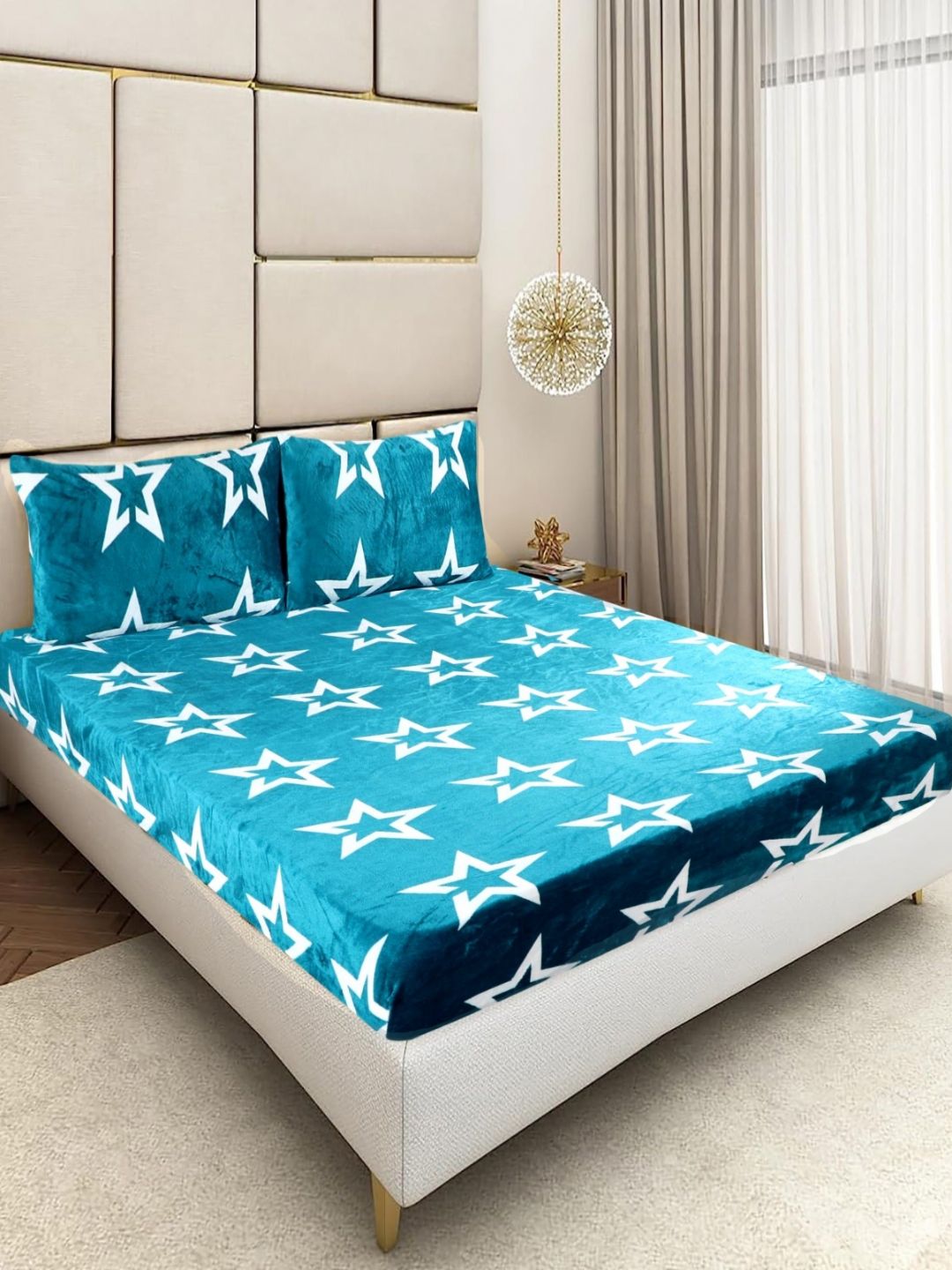 BLUEDOT Green 300 TC Woolen King Size Fitted Double Bedsheet & 2 Pillow Covers