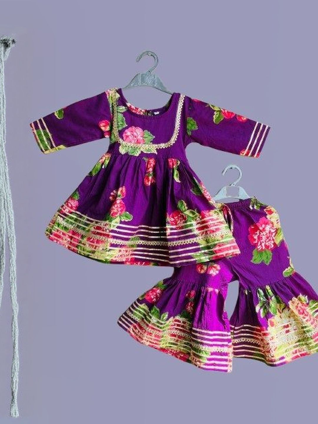 BAESD Girls Floral Printed Panelled Gotta Patti Pure Cotton Kurti with Sharara