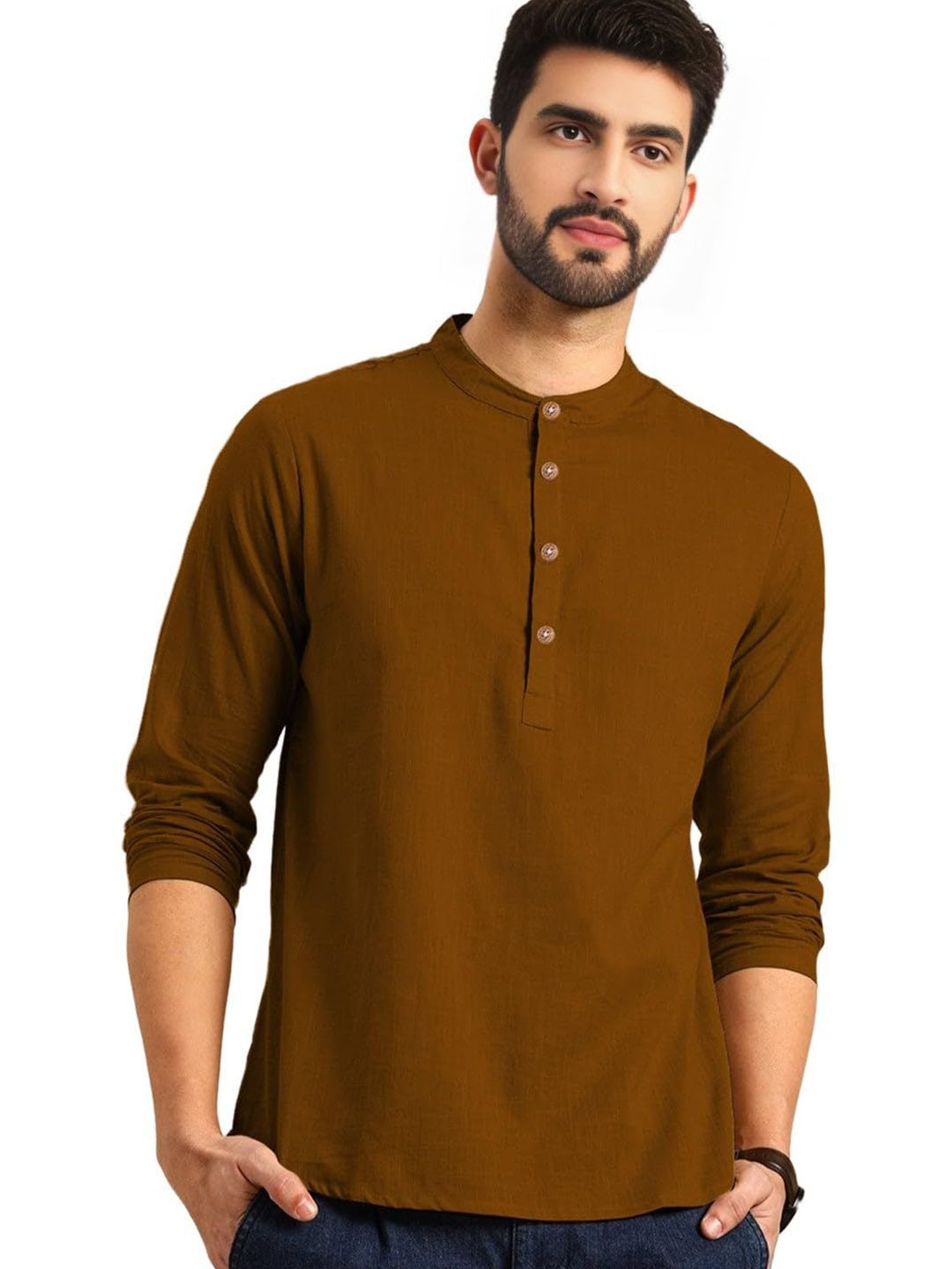 TrendiVastra Band Collar Cotton Straight Short Kurta