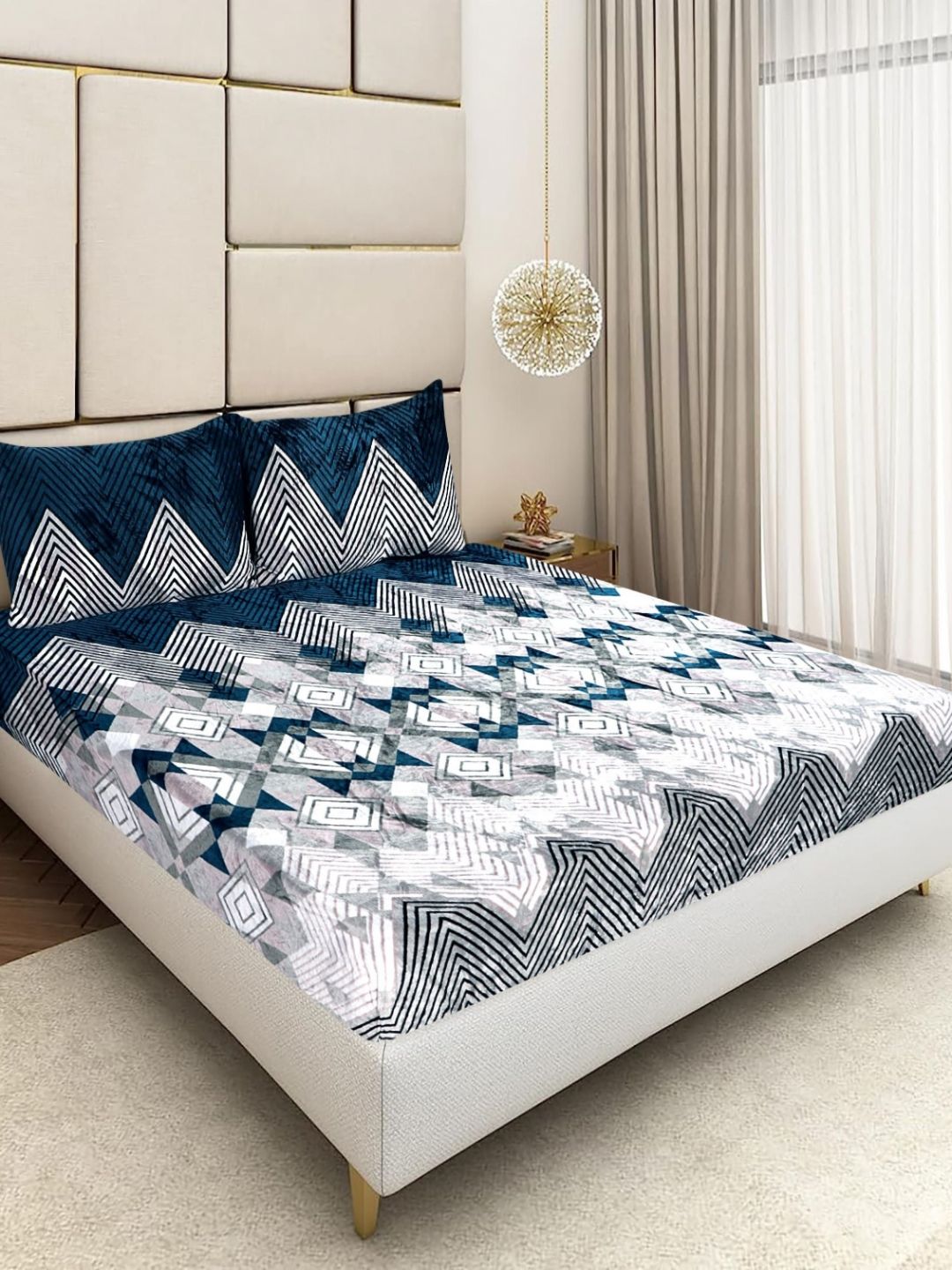 BLUEDOT Blue 300 TC Woolen King Size Fitted Double Bedsheet & 2 Pillow Covers