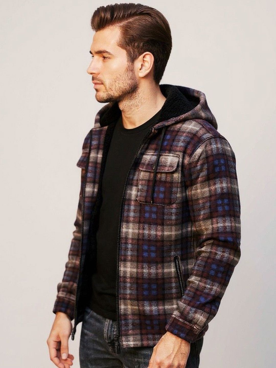 Mast & Harbour Checked Hooded Long Sleeves Woollen Padded Jacket