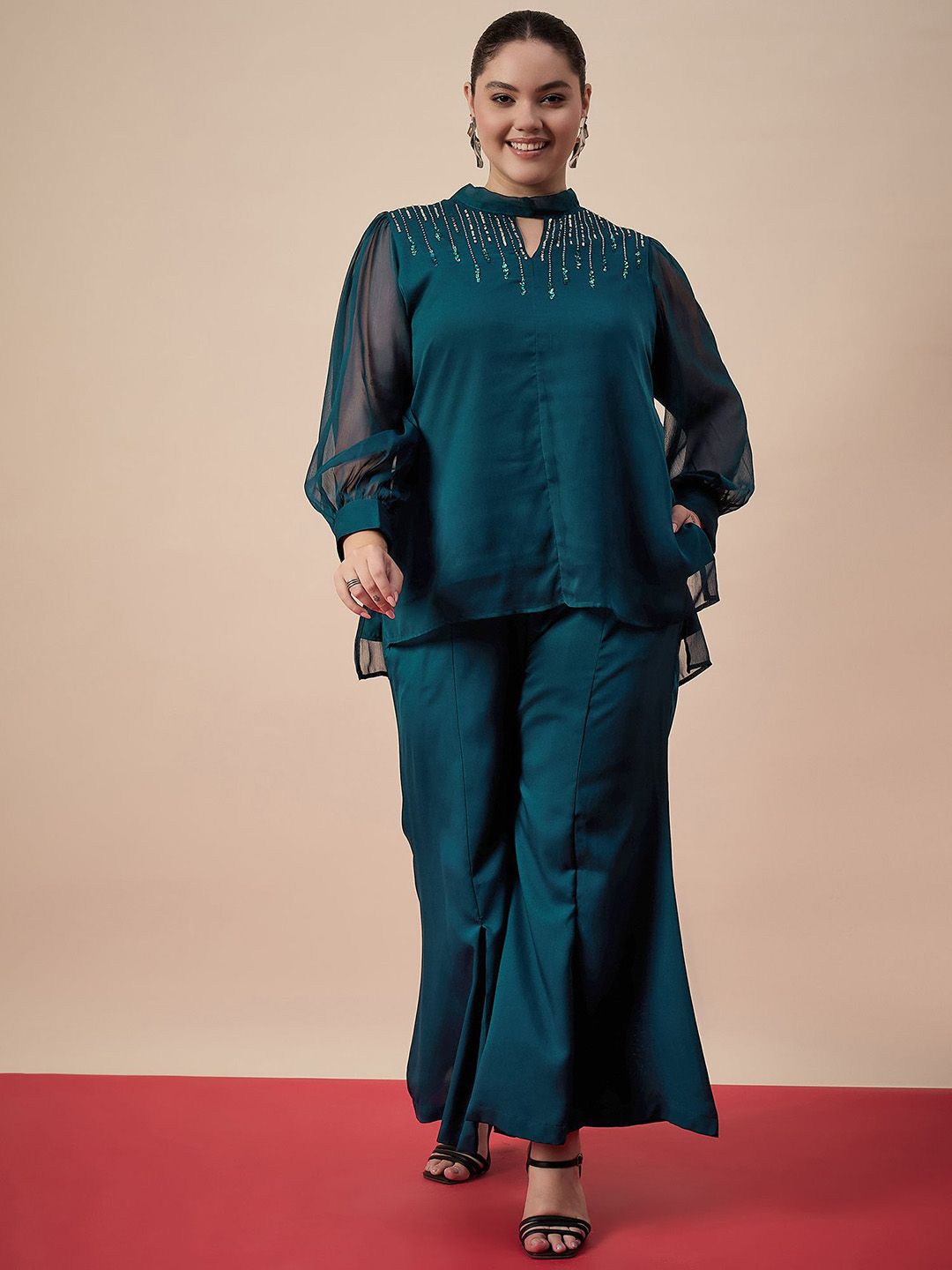 Antheaa Curve  Sequins Self Design Mandarin Collar Tunic & Palazzos