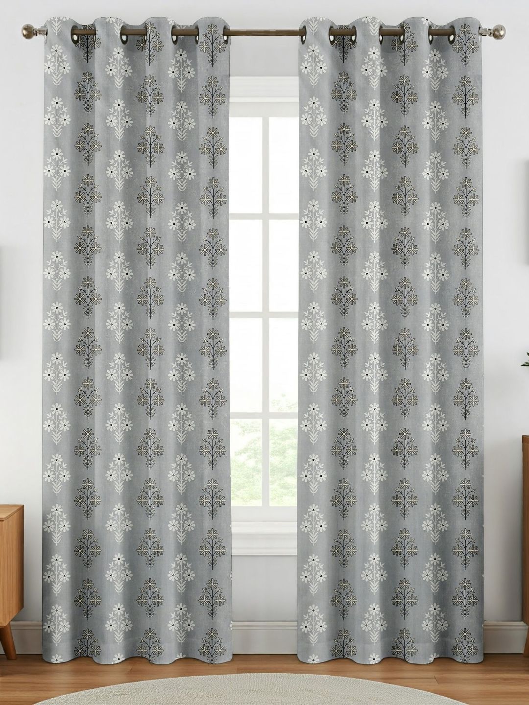 GEET CREATIONS Grey Floral Room Darkening Long Door Curtain