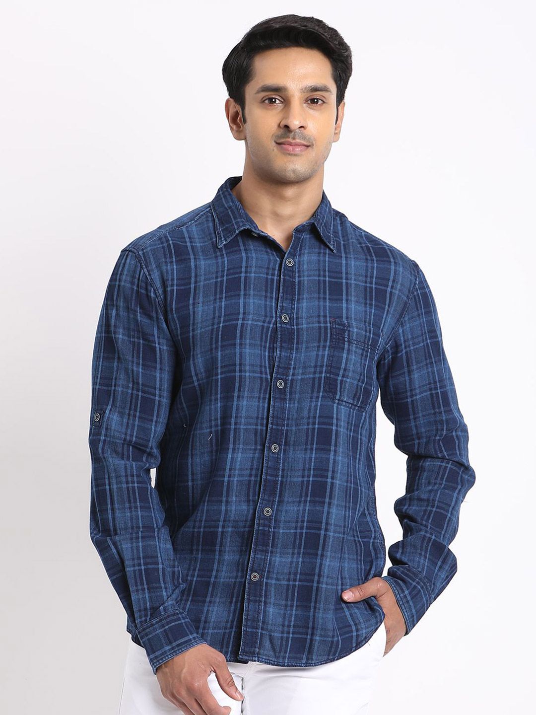 Indian Terrain Indian Terrain Windowpane Checks Checked Spread Collar Classic Pure Cotton Slim Fit Shirt