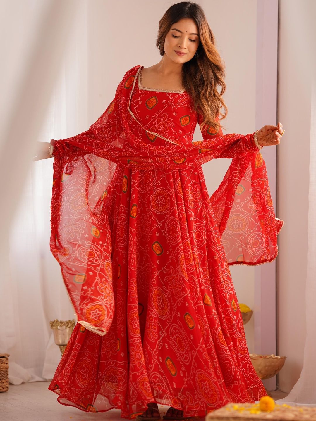 SAJAVAT ETHENIC WEAR SAJAVAT ETHENIC WEAR Women Bandhani Printed Anarkali Kurta with Palazzos & Dupatta