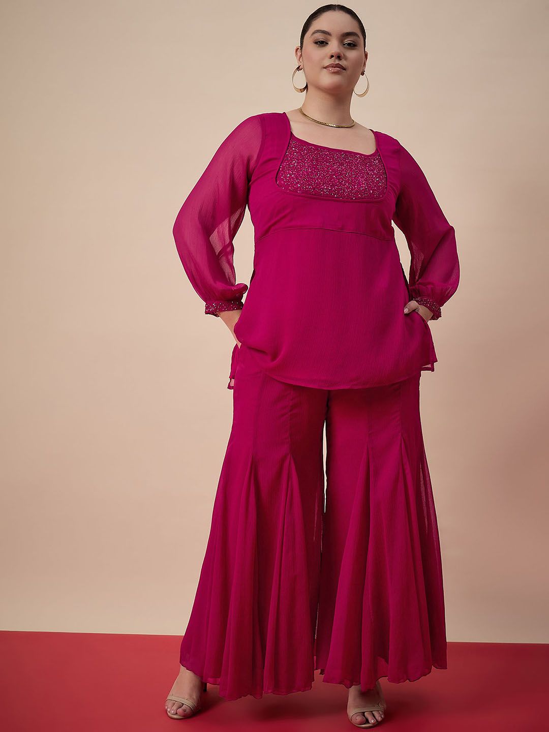 Antheaa Curve  Embellished Square Neck Plus Size Tunic And Palazzo