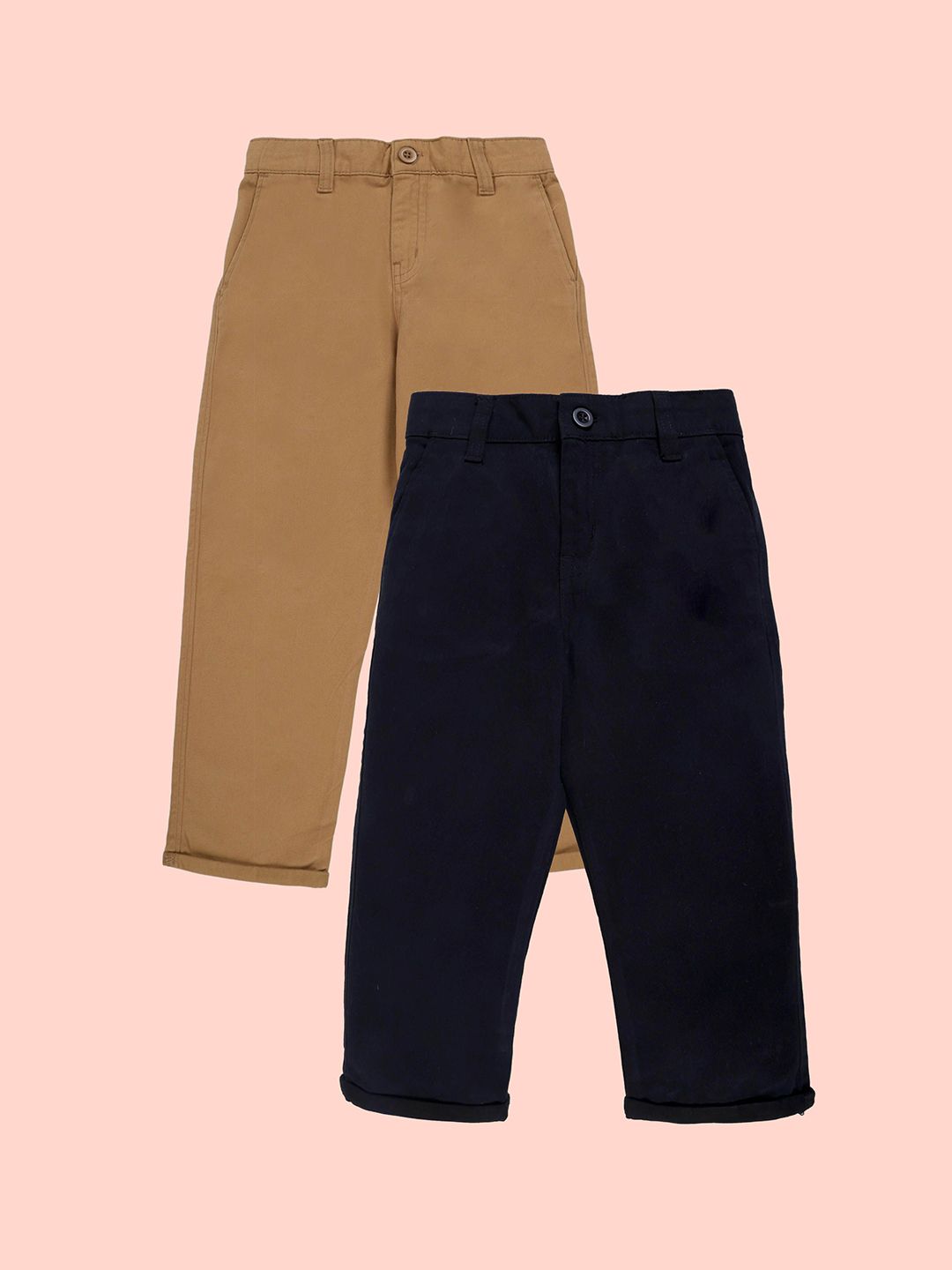 KiddoPanti Boys Pack of 2 Straight Fit Mid-Rise Pure Cotton Chinos Trousers