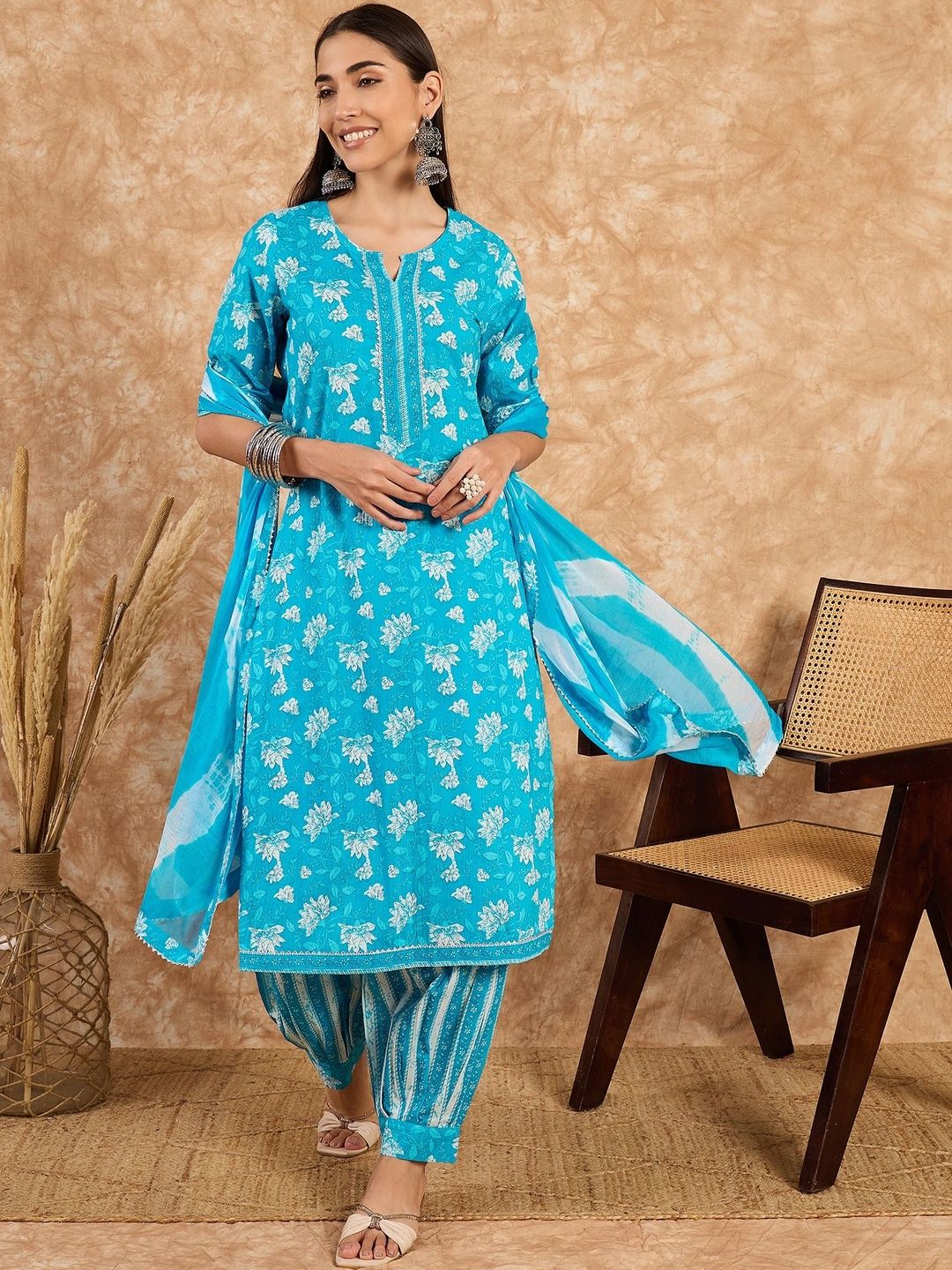 Moda Rapido Floral Printed Pure Cotton V-Neck Straight Kurta With Patiala & Dupatta