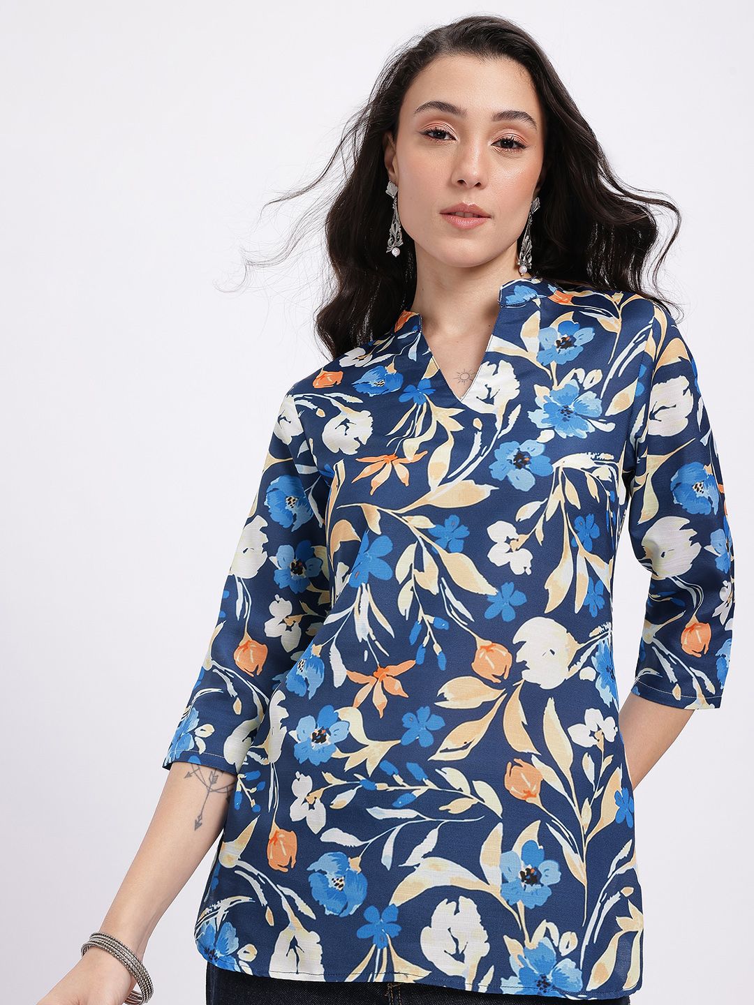 Anouk Rustic Tropical Printed Mandarin Collar Straight Kurti