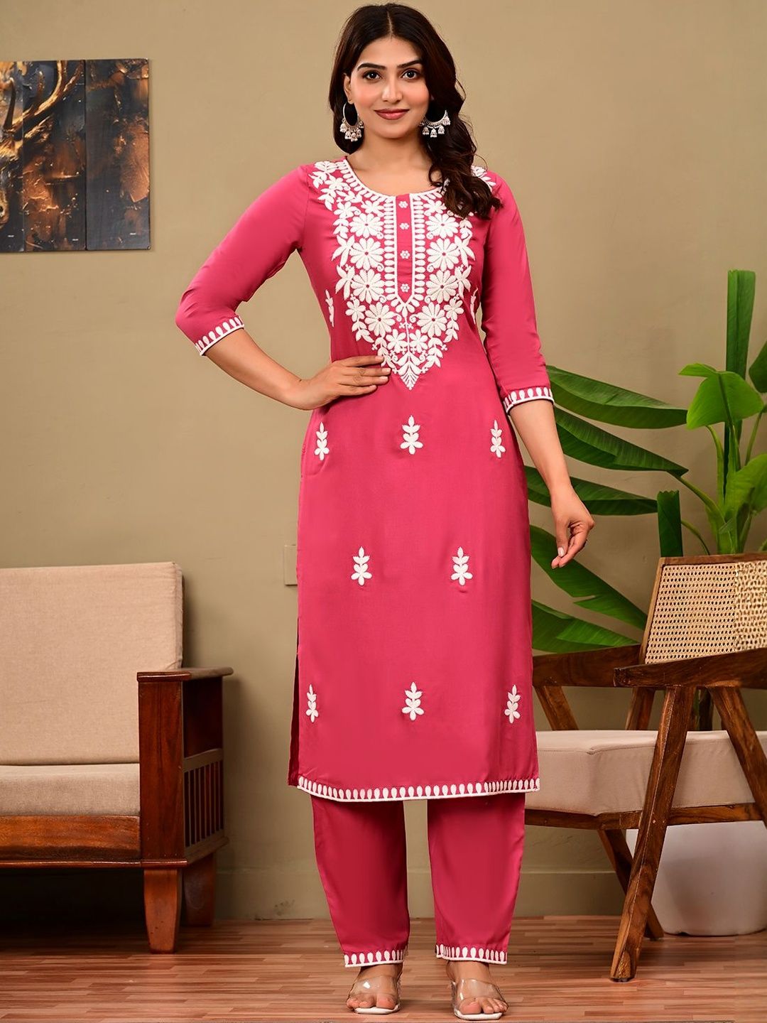 ELVISH JAIPUR Ethnic Motifs Embroidered Straight Thread Work Kurta With Trouser