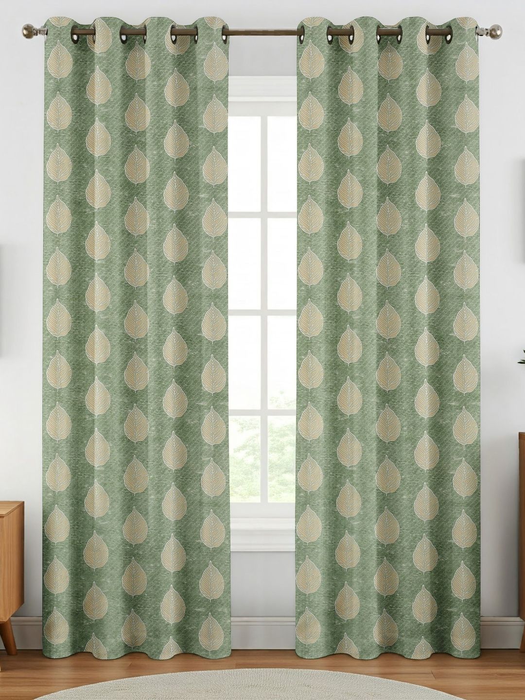 GEET CREATIONS Green & Beige Floral Room Darkening Long Door Curtain