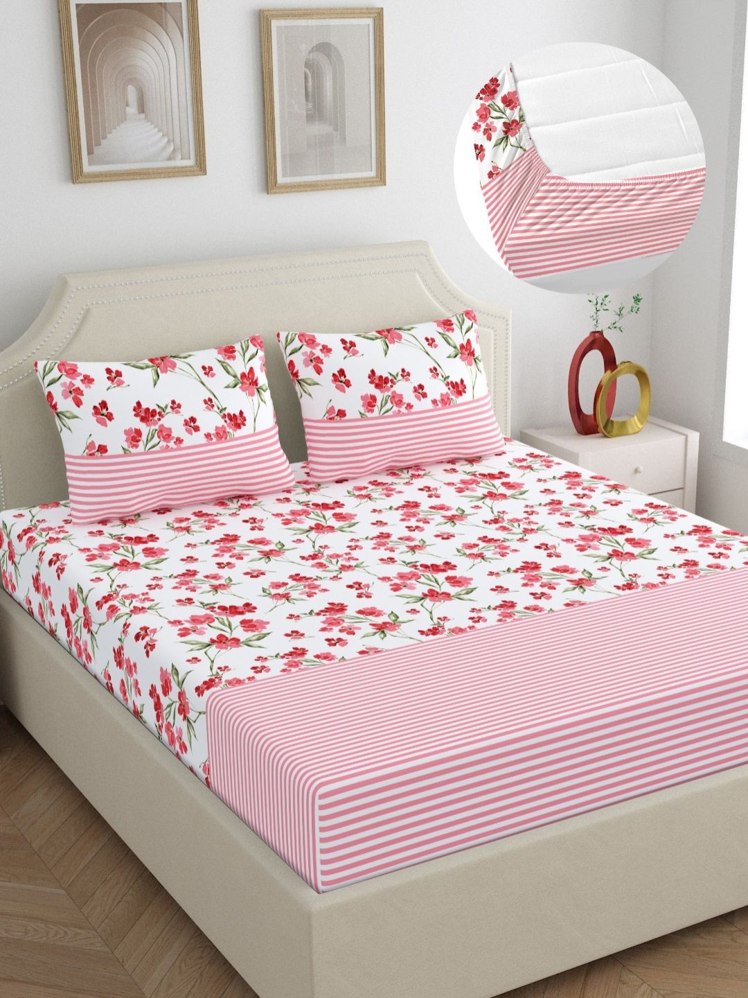 Home Ecstasy Pink & White 140 TC Fitted Cotton King Bedsheet Set 1.83 m x 1.98 m