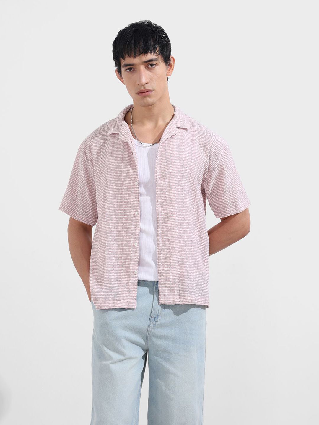 The Indian Garage Co Men Relaxed Fit Geometric Printed Cuban Collar Casual Shirt