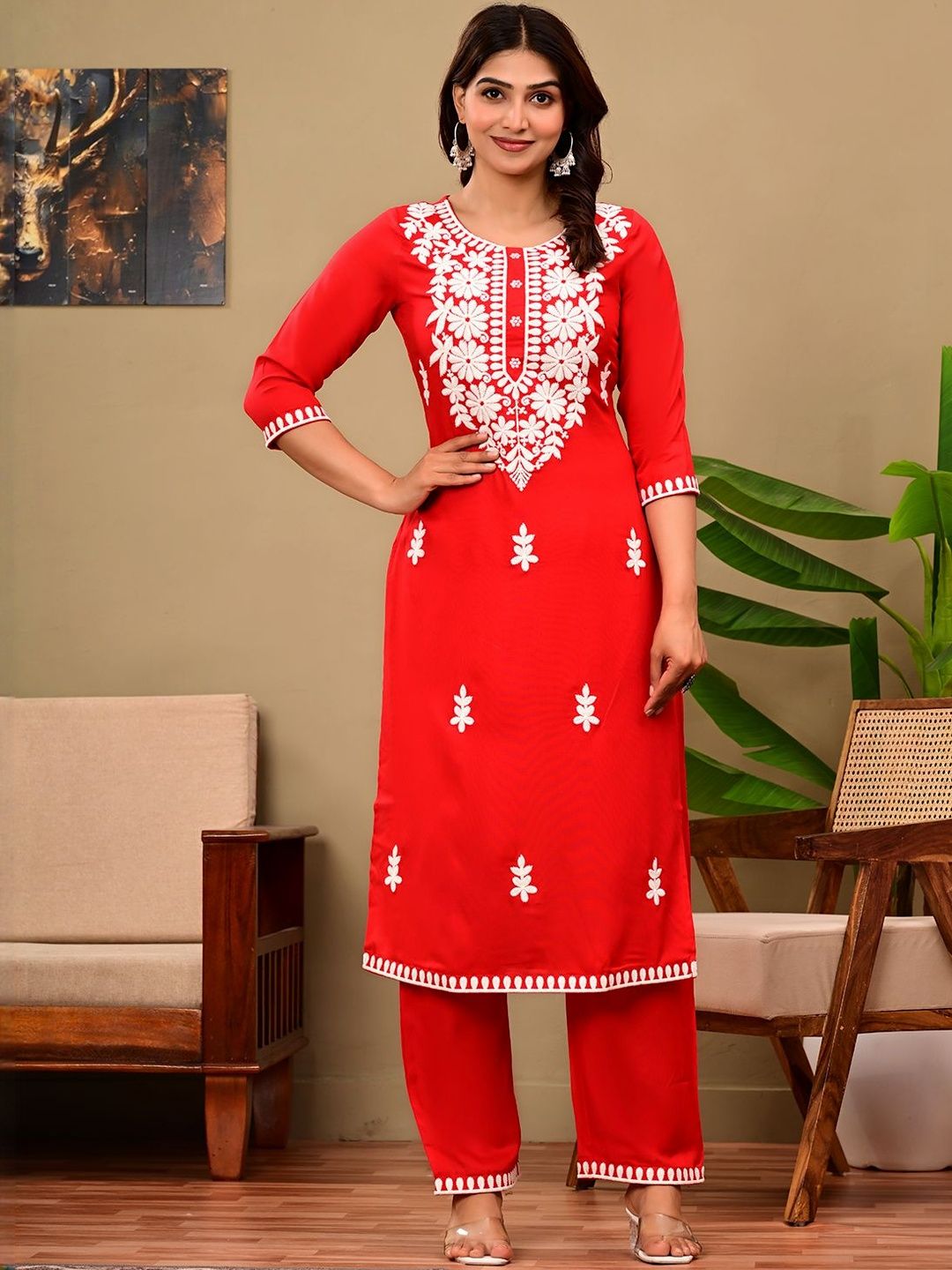 ELVISH JAIPUR Women Ethnic Motifs Embroidered Regular Chikankari Kurta with Trousers