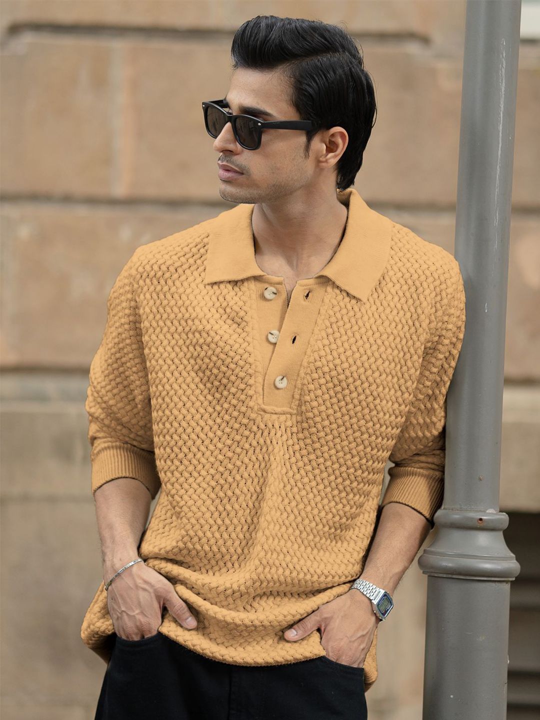 Powerlook Men Pure Cotton Dusty Yellow Knit Polo Sweater