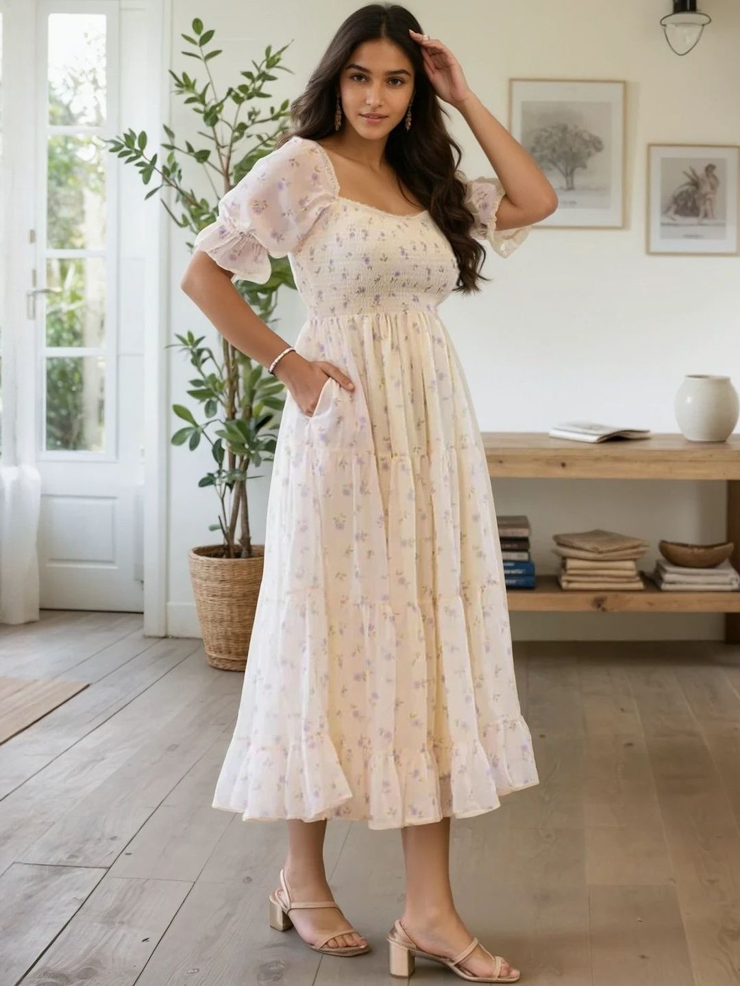 Buy CORSICA Floral Printed Puff Sleeve Georgette A-Line Midi Dress