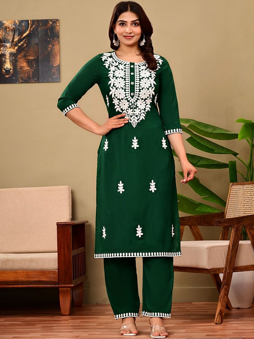 ELVISH JAIPUR Women Ethnic Motifs Embroidered Regular Chikankari Kurta Set