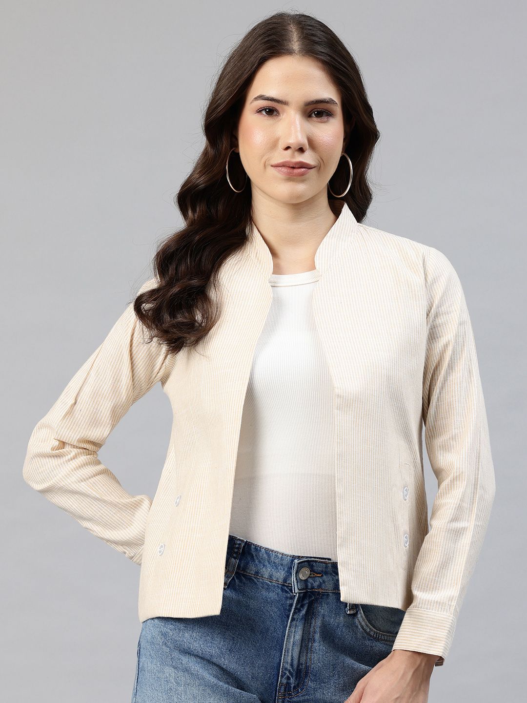 Cottinfab Mandarin Collar Lightweight Open Front Jacket