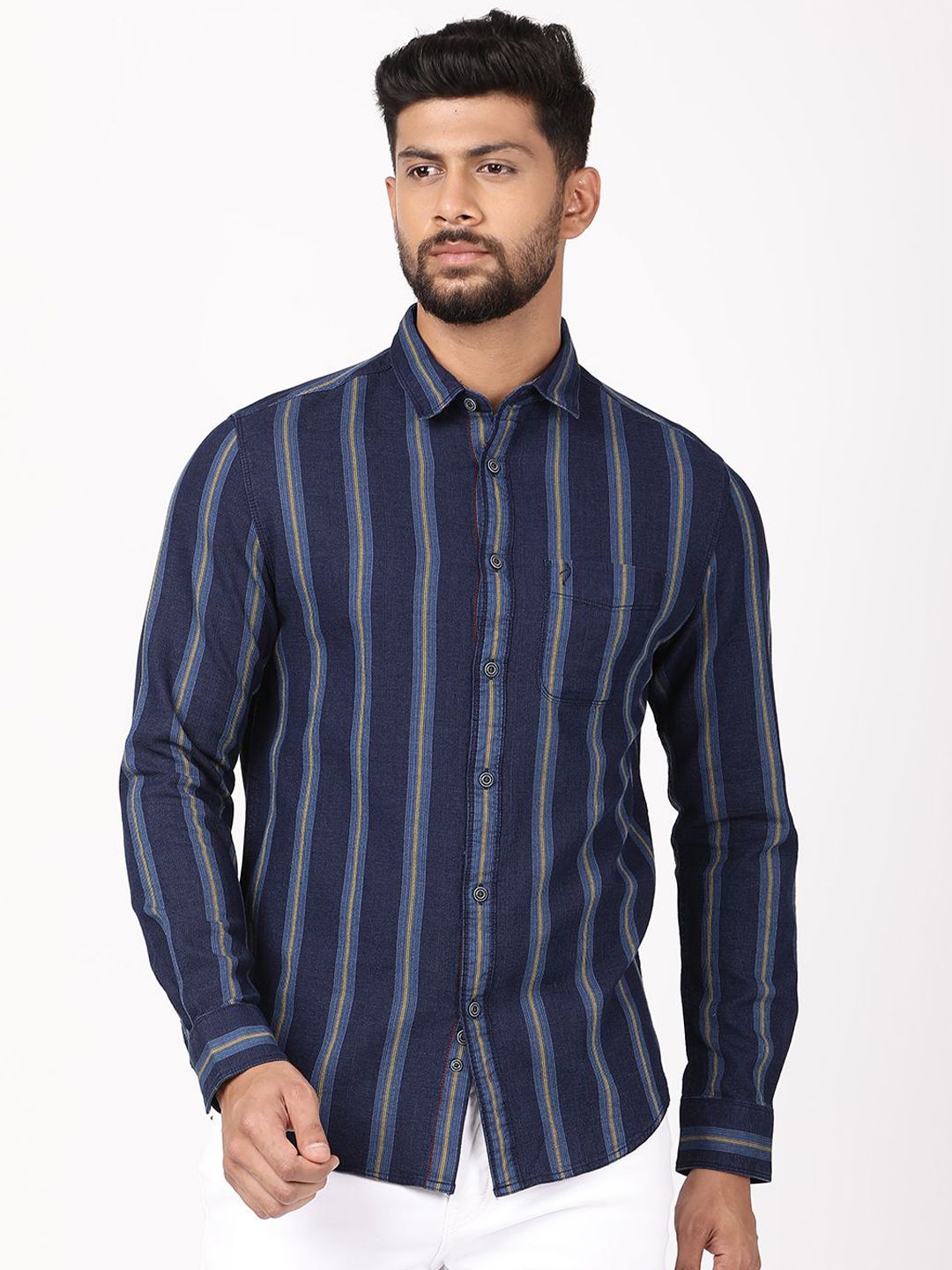 Indian Terrain Chiseled Skinny Fit Striped Spread Collar Cotton Casual Shirt