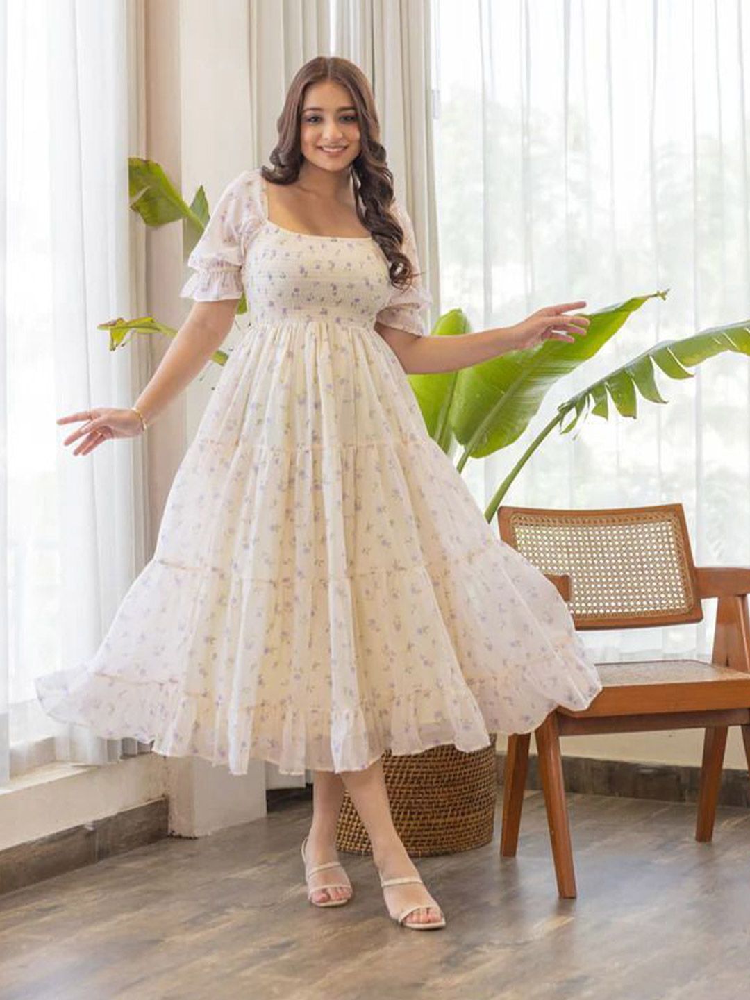 PTVIZE Floral Printed Tiered Puff Sleeve Georgette Fit & Flare Midi Dress
