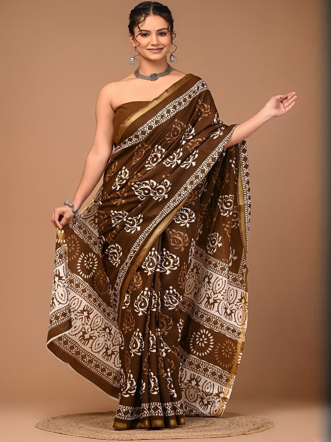 Moda Rapido Ethnic Motifs Zari Pure Cotton Ikat Saree With Blouse Piece