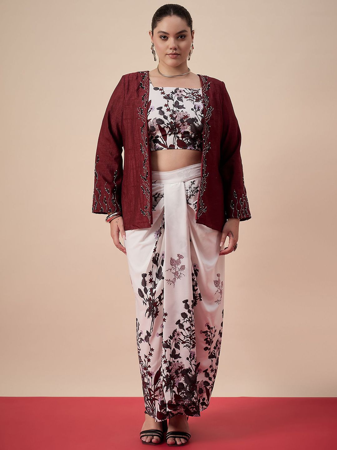 Antheaa Curve Floral Printed Top With Draped Skirt and Embellished Jacket