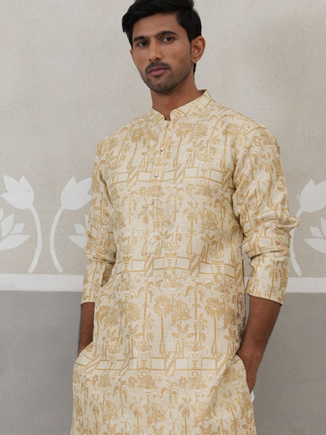 Jompers Floral Woven Design Mandarin Collar Kurta