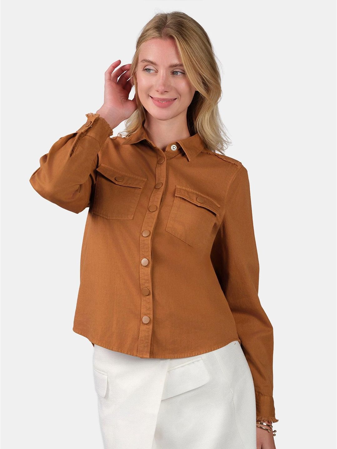 Cotton Casual Shirt Virgio Women Spread Collar Chest Pocket Detail Cotton Casual Shirt