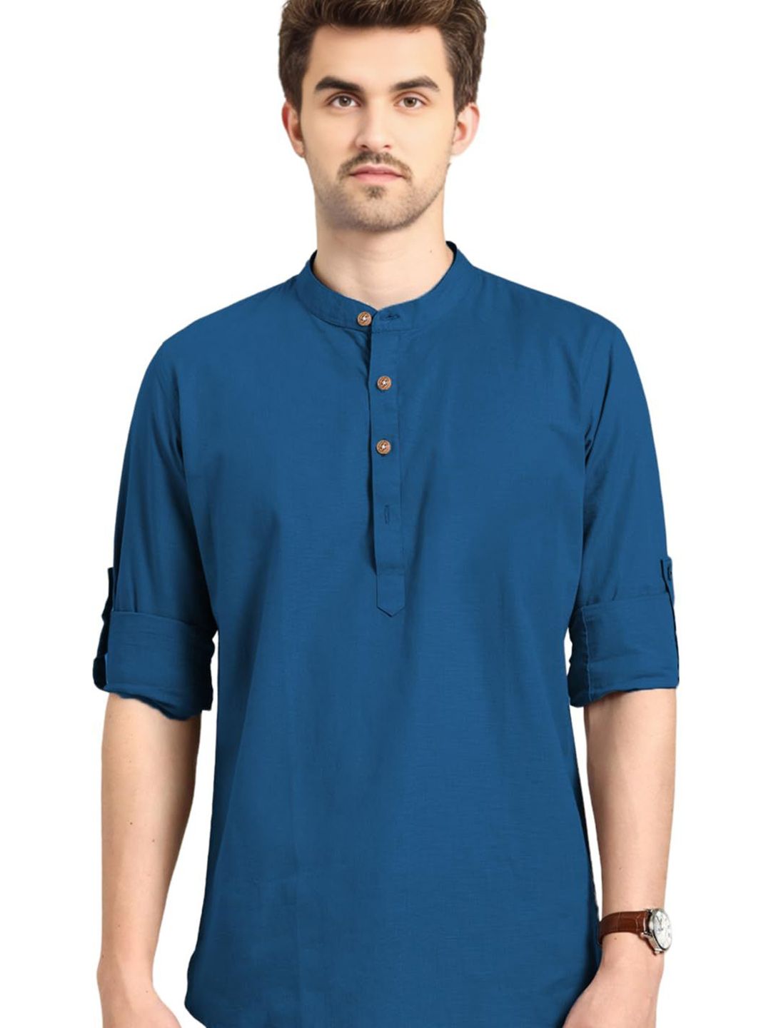 Go Stylish Men Mandarin Collar Roll-Up Sleeves Kurta
