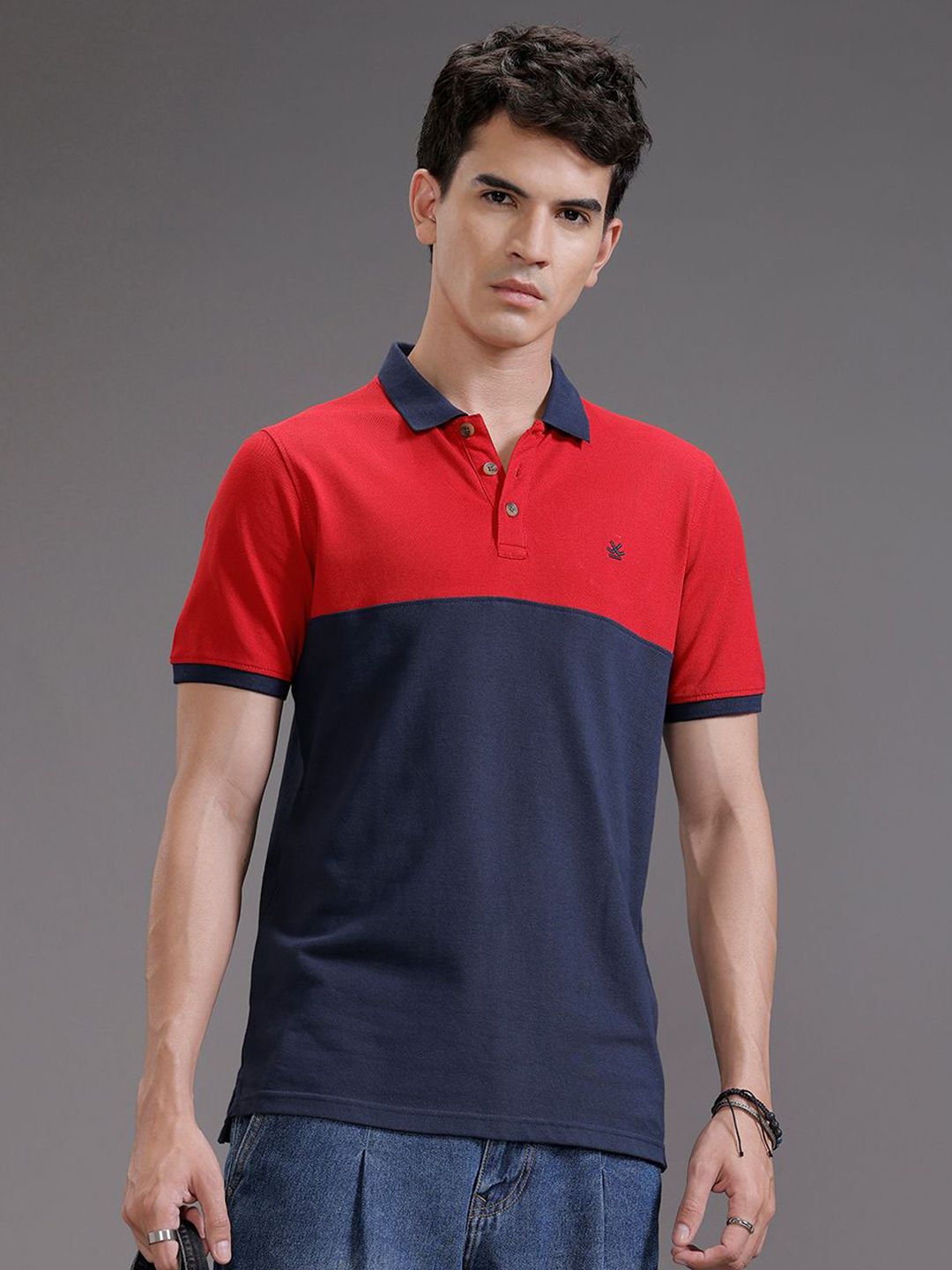 WROGN Logo Colourblocked Polo Collar Slim Fit Cotton T-shirt