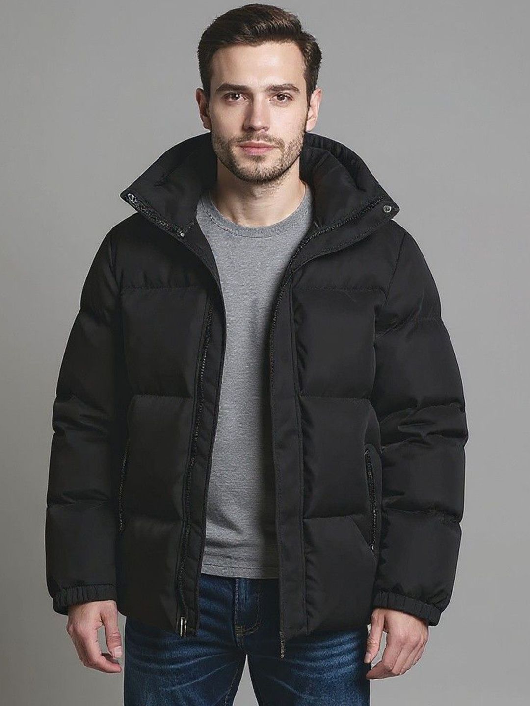 Mast & Harbour Men Black Solid Stand Collar Puffer Jacket