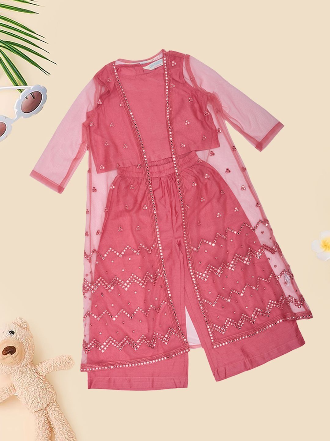AKKRITI BY PANTALOONS Girls Embroidered Mirror Work Kurta With Palazzos