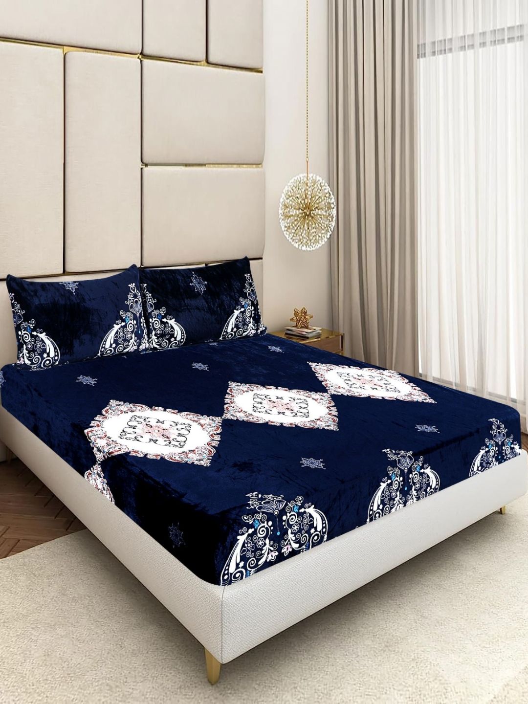 BLUEDOT Dark Blue 300 TC Woolen King Size Fitted Double Bedsheet & 2 Pillow Covers