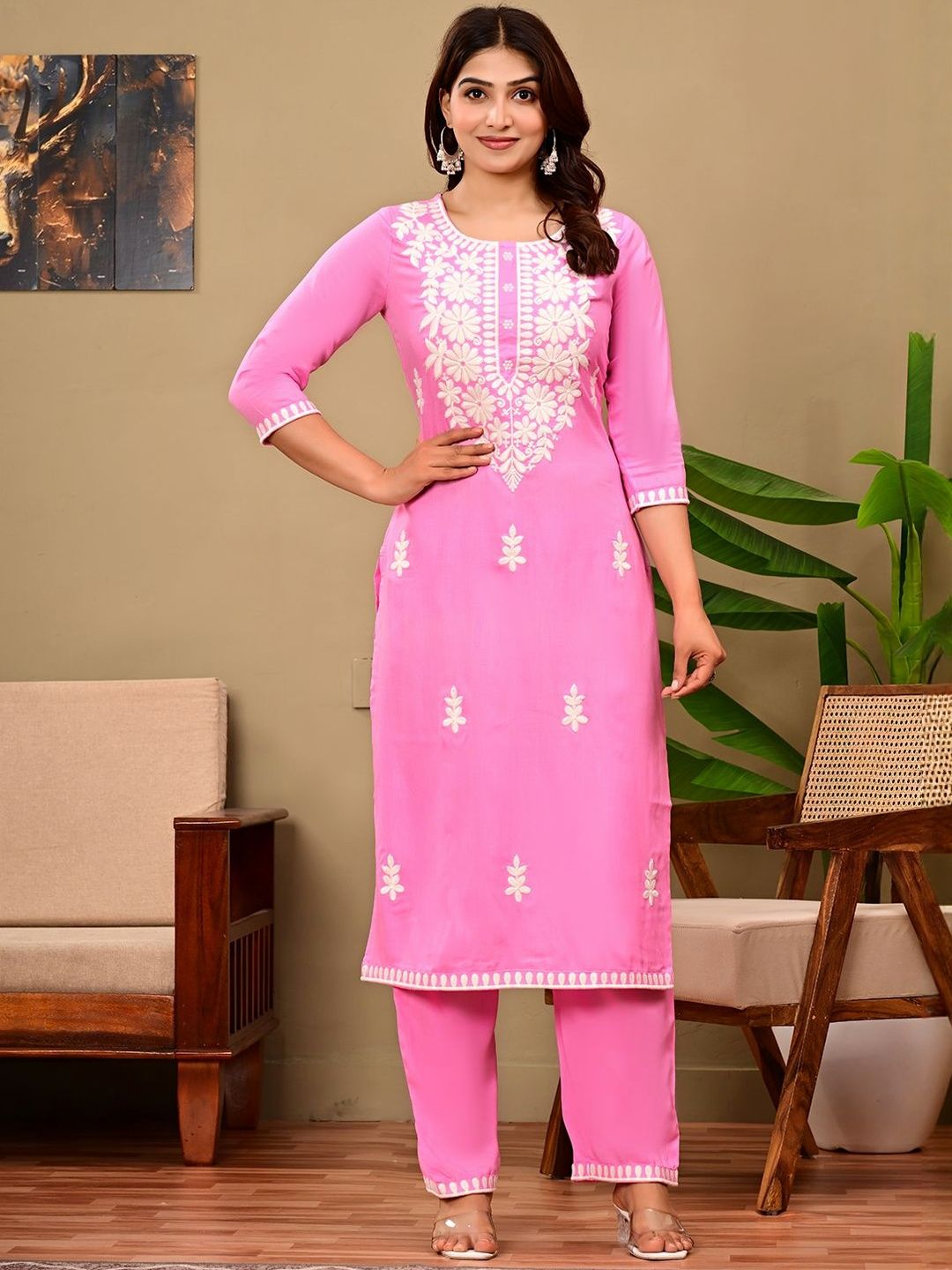 ELVISH JAIPUR Women Ethnic Motifs Embroidered Regular Chikankari Kurta with Trousers