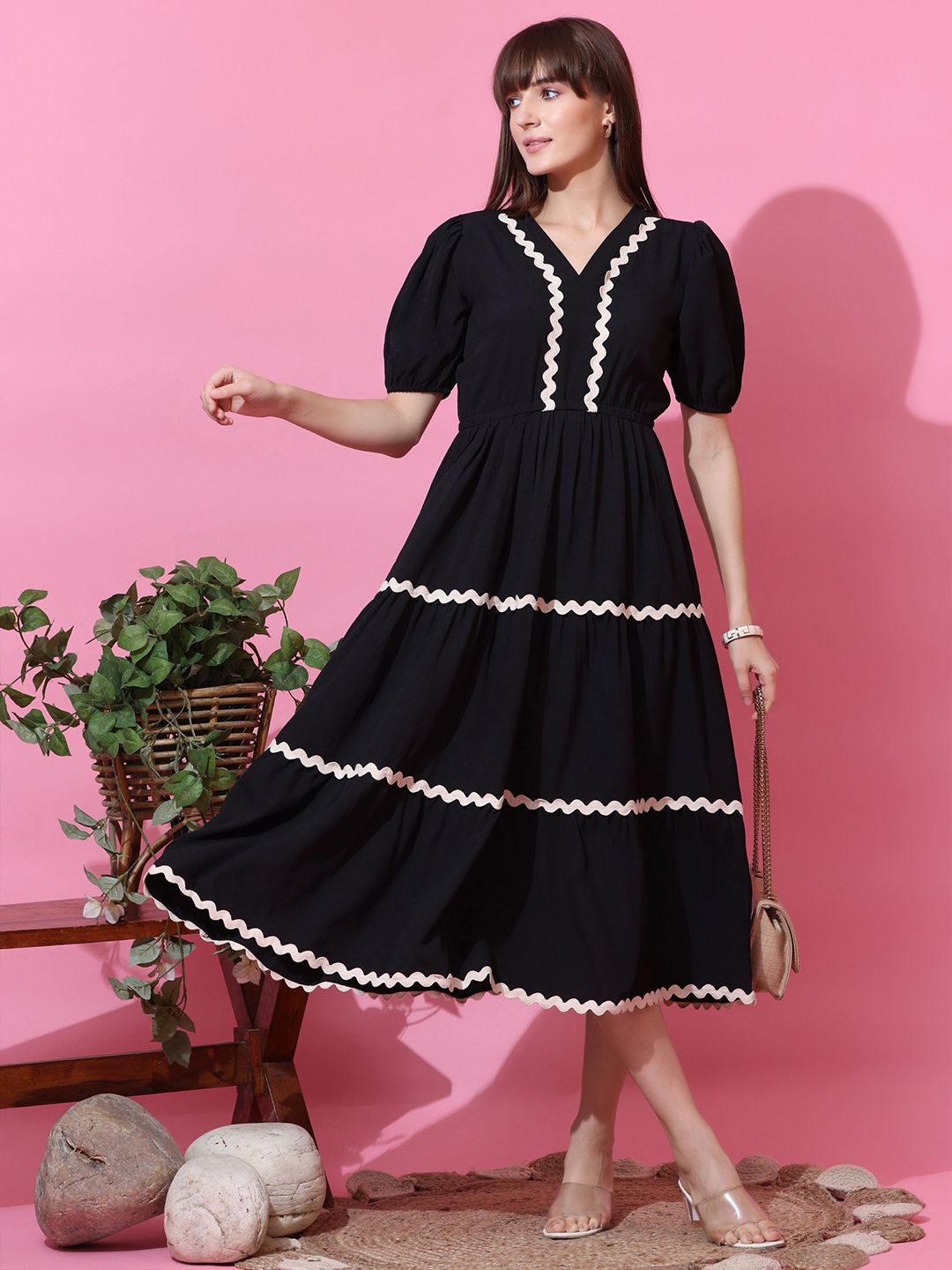 Buy Honky Tonky Puff Sleevees Ruffled Fit & Flare Midi Dress