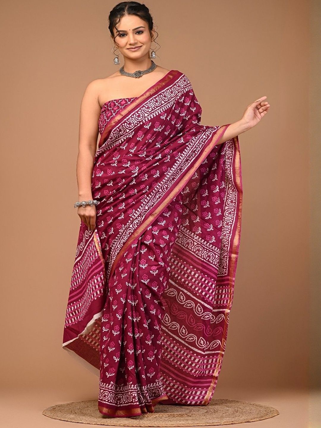 Moda Rapido Floral Zari Pure Cotton Ikat Saree