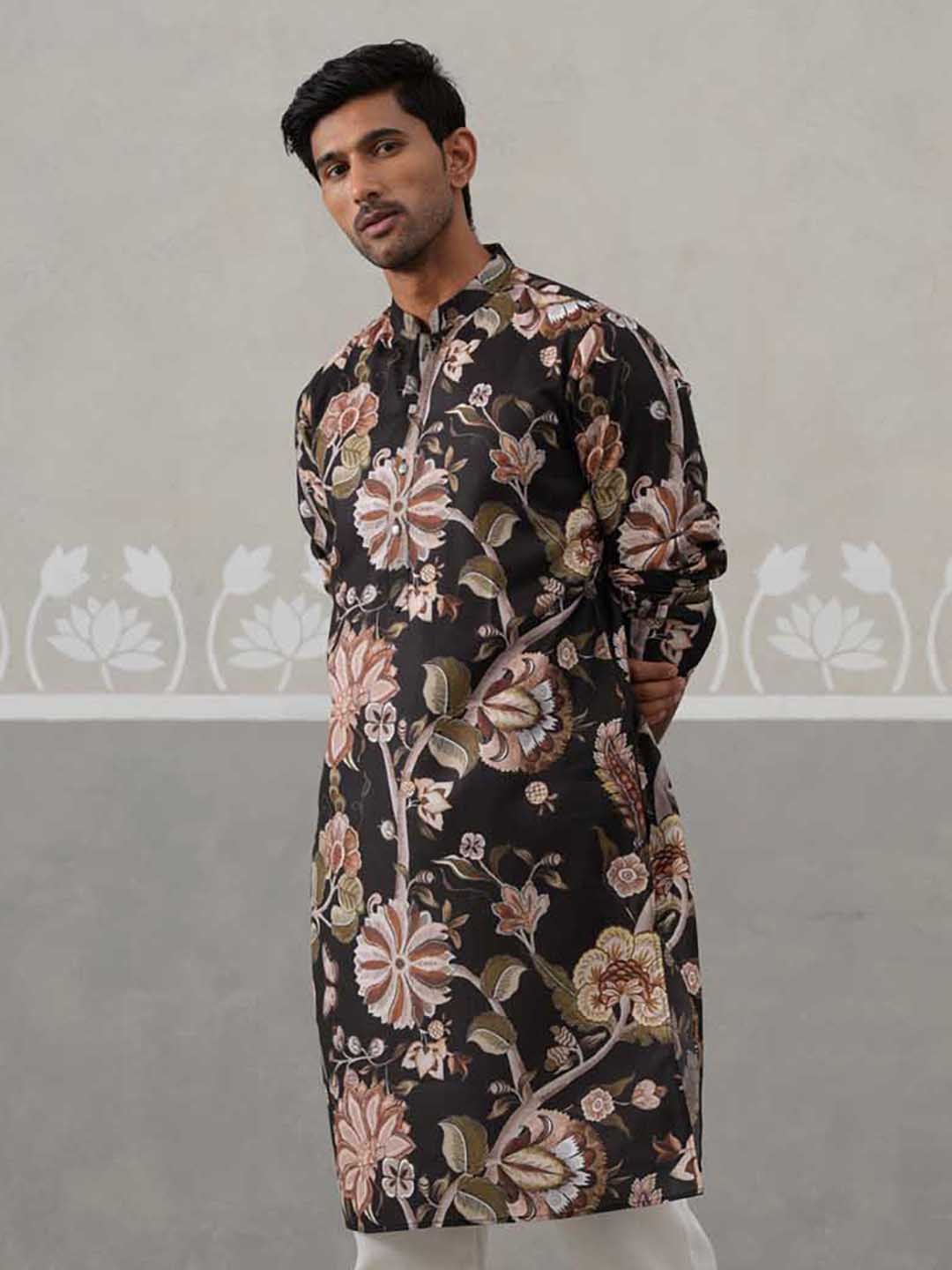 Jompers Men Floral Printed Festive Cotton Straight Kurta