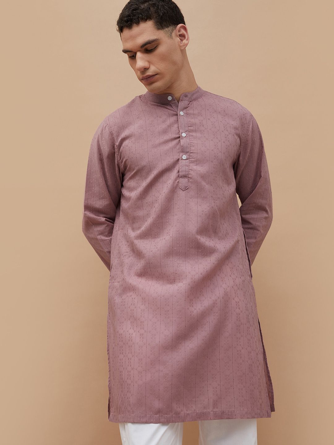 Melange by Lifestyle Geometric Embroidered Mandarin Collar Cotton Kurta