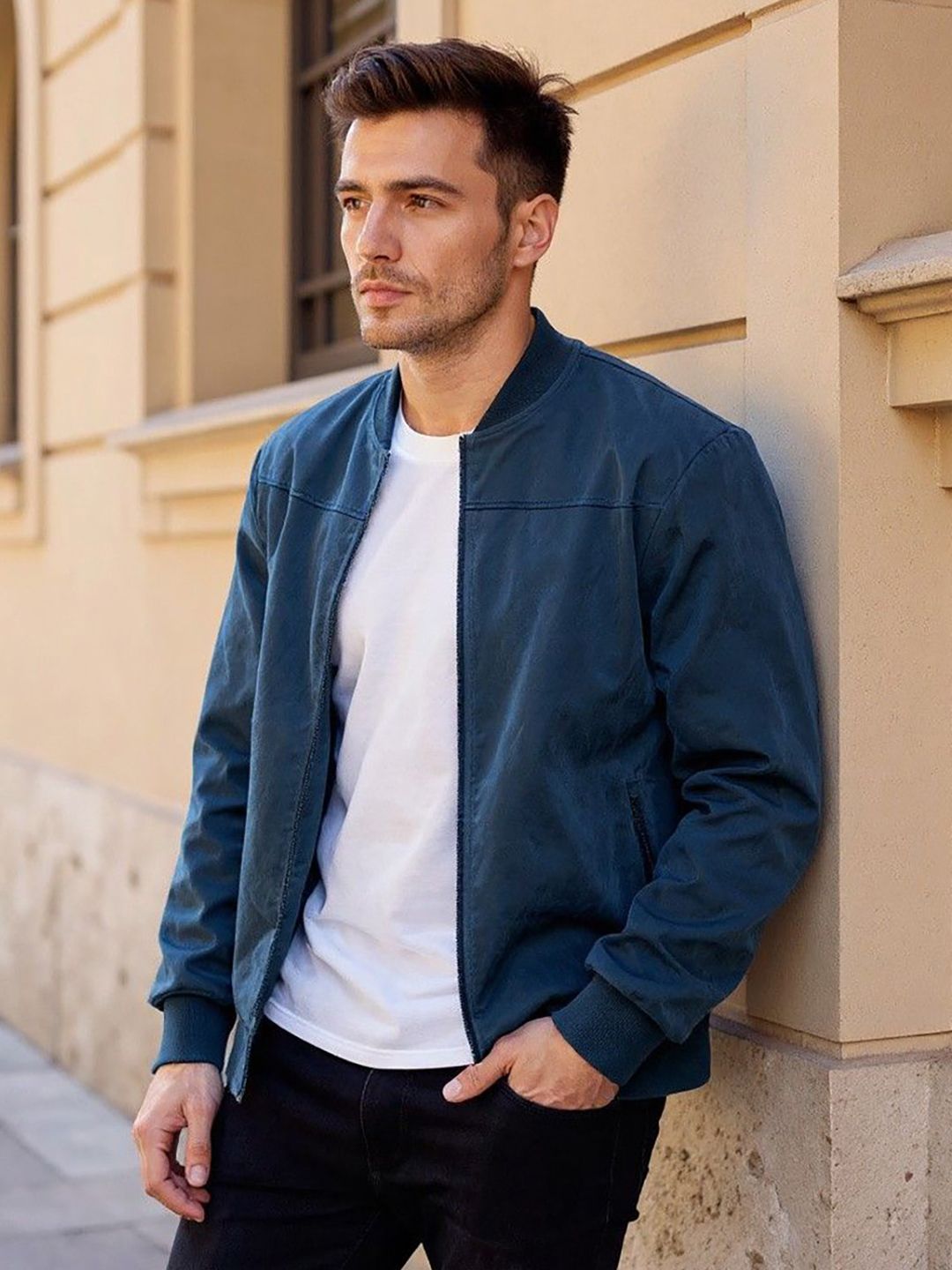 Mast & Harbour Men Band Collar Full Sleeves Open Front Jacket