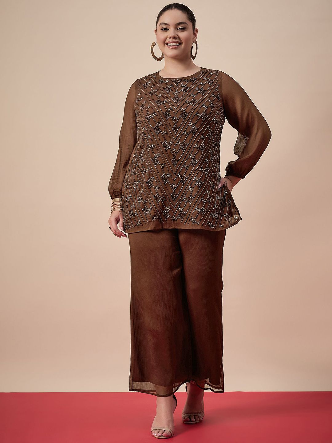 Antheaa Curve  Plus Size Embellished Top & Palazzos
